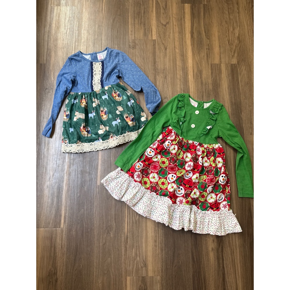 Ricrac & Ruffles Holiday Tunic/Dress Bundle Girls 8 Blue Green Nativity Boutique